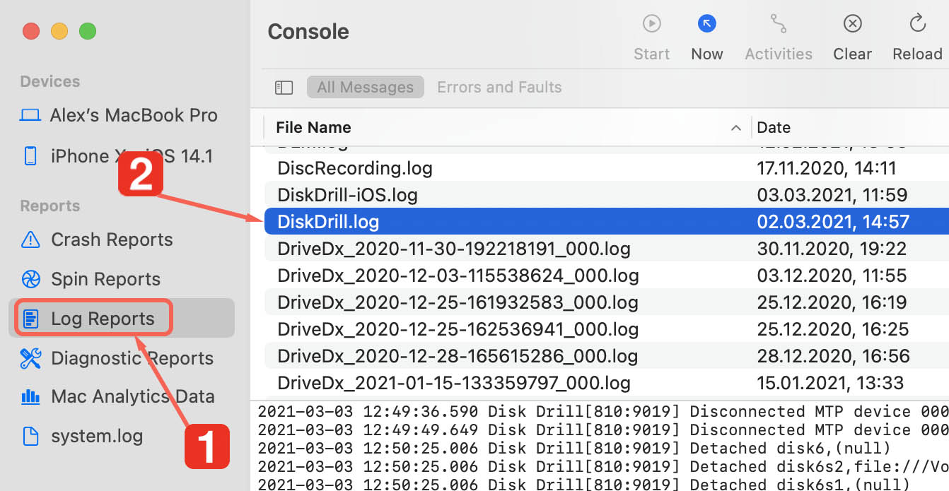 find disk drill log file in console