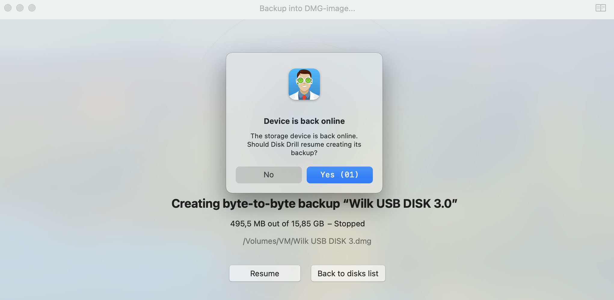 byte to byte backup of often disconnecting device in disk drill for macos