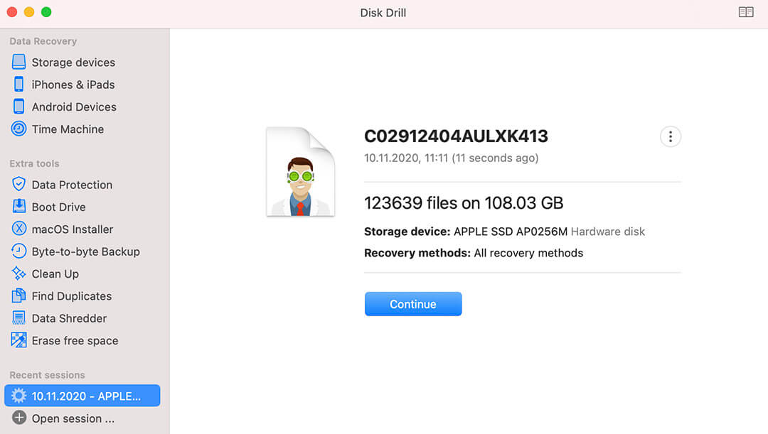 disk drill continue data recovery scan from session file