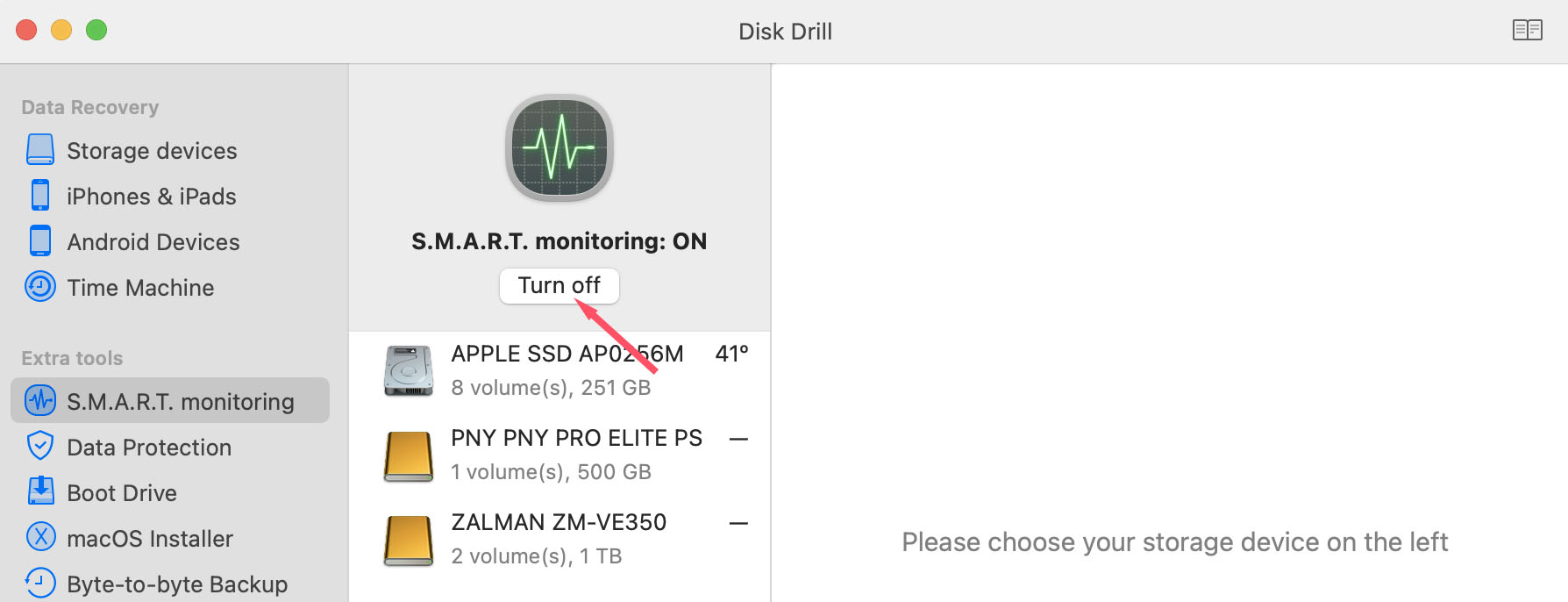how to turn off smart disk monitoring in disk drill for macos