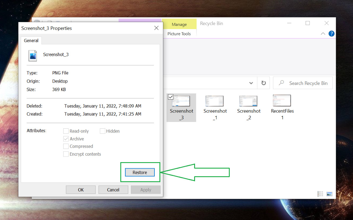 Recover file from Windows Recycle bin with double click method.