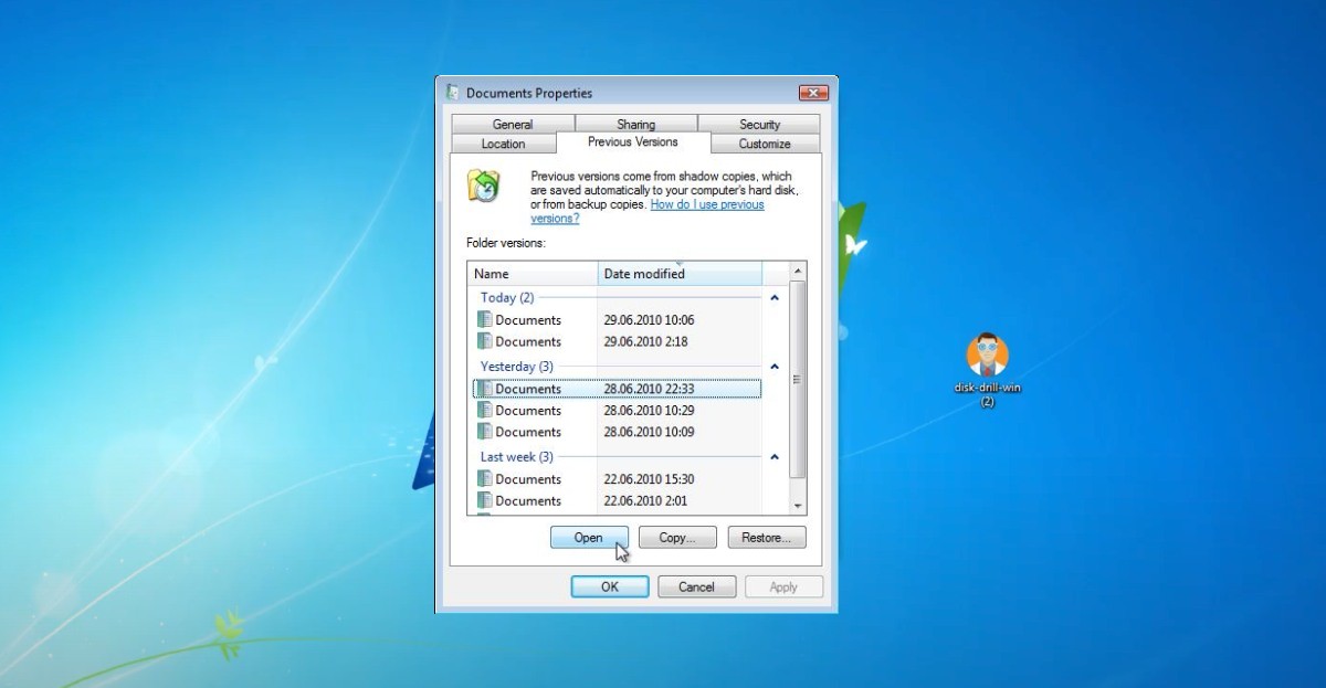 how to recover deleted files on Windows 7 via Previous Versions