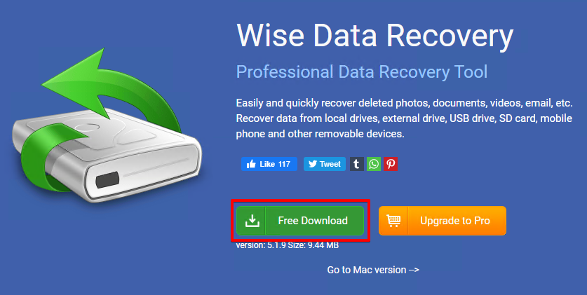 Downloading the Wise Data Recovery install file.