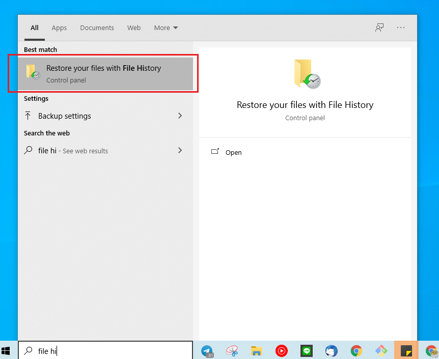 Searching for File History in the Windows Start search bar
