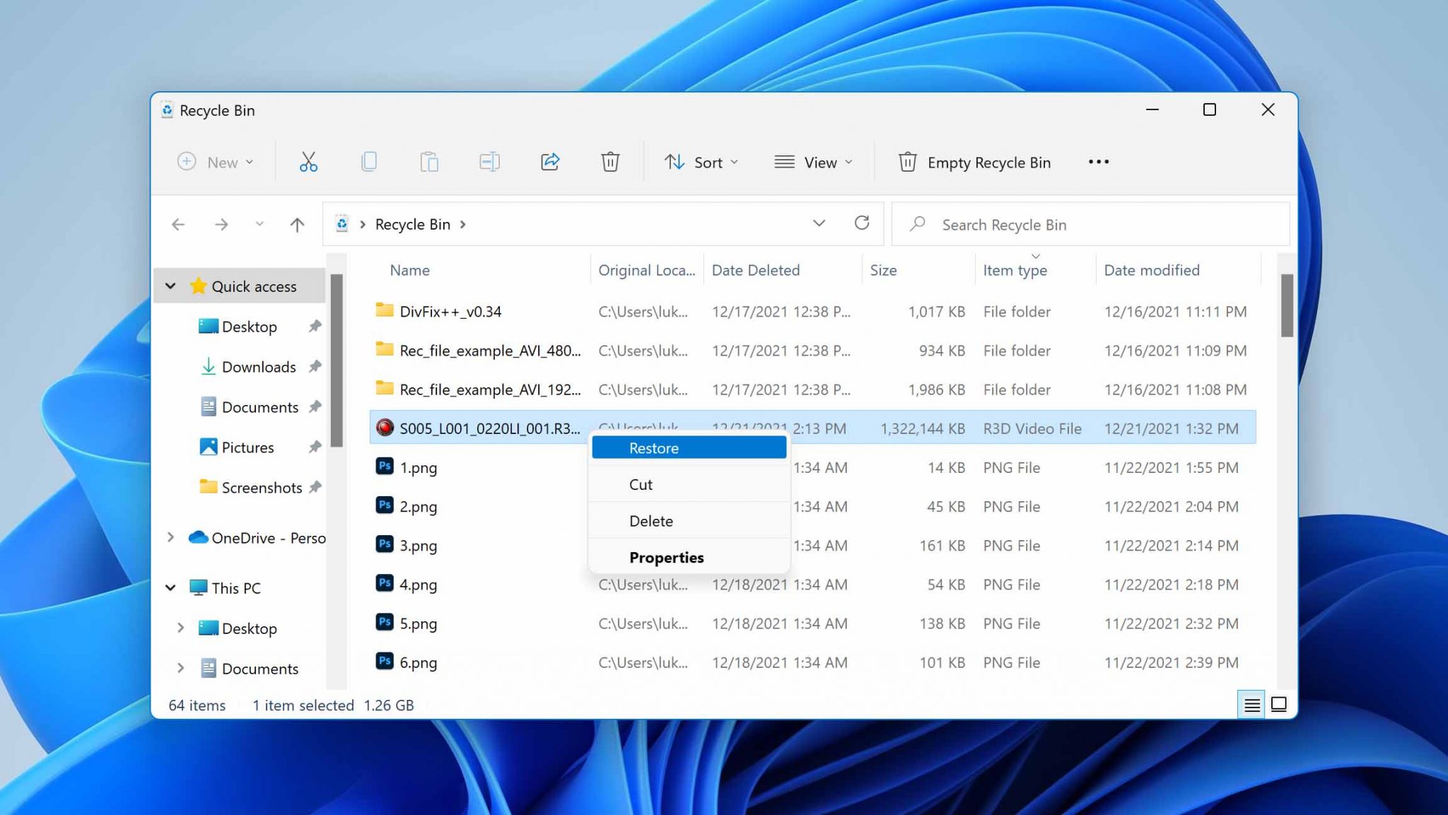 Restore files from Windows trash bin.