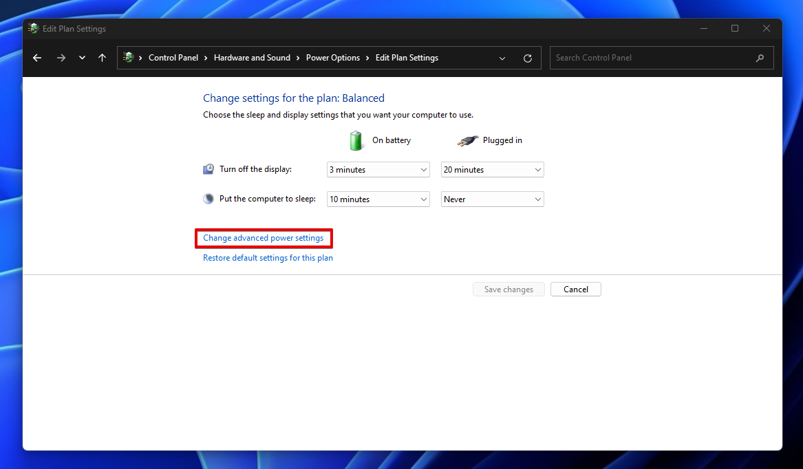 Changing the advanced power settings.