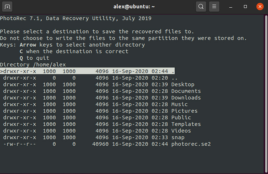 Linux recovery using PhotoRec Data Recovery tool