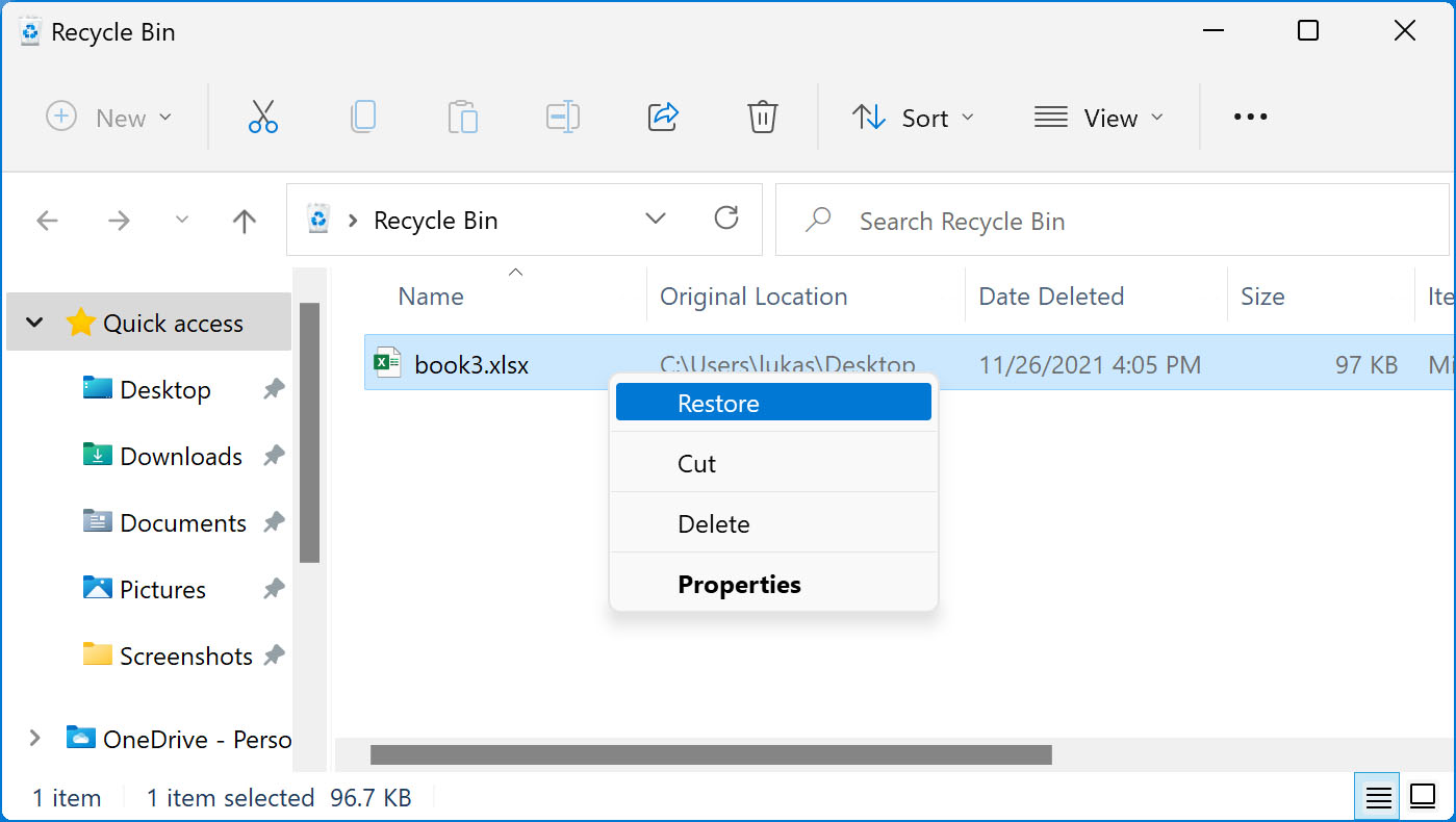 Recover Excel Files from Recycle Bin