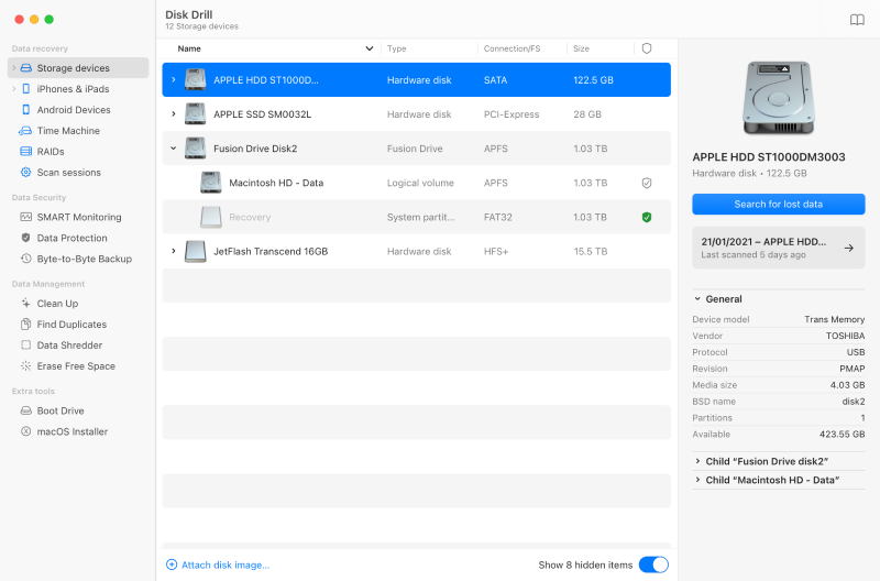 Choose your device or disk image where to scan for lost data