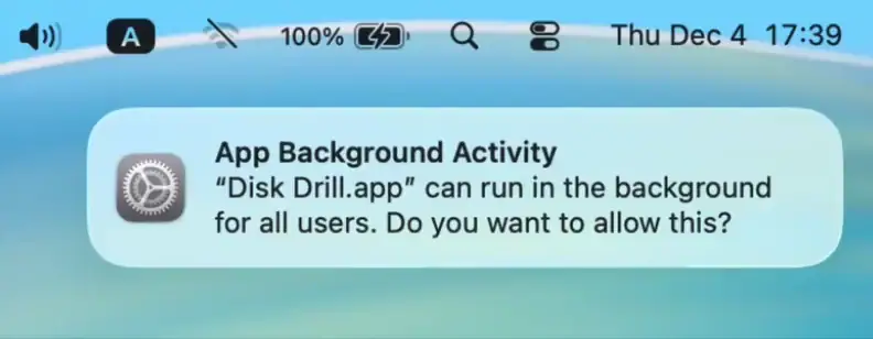 close system notification disk drill