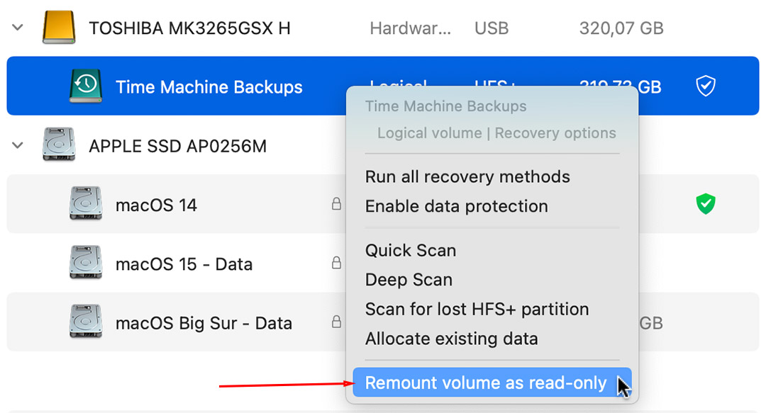 remount volume as read only with disk drill