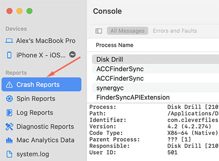 find crash reports in console