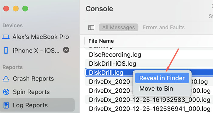 reveal disk drill log file in finder