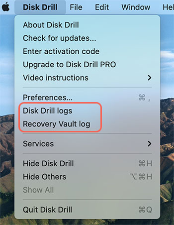 find disk drill logs from apps menu