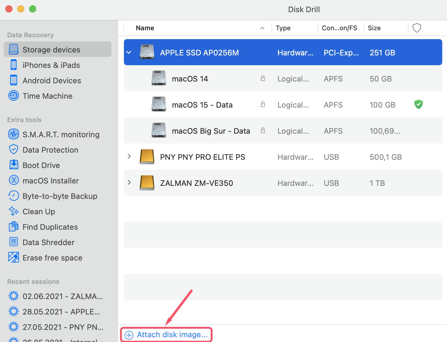 attach disk image backup in disk drill