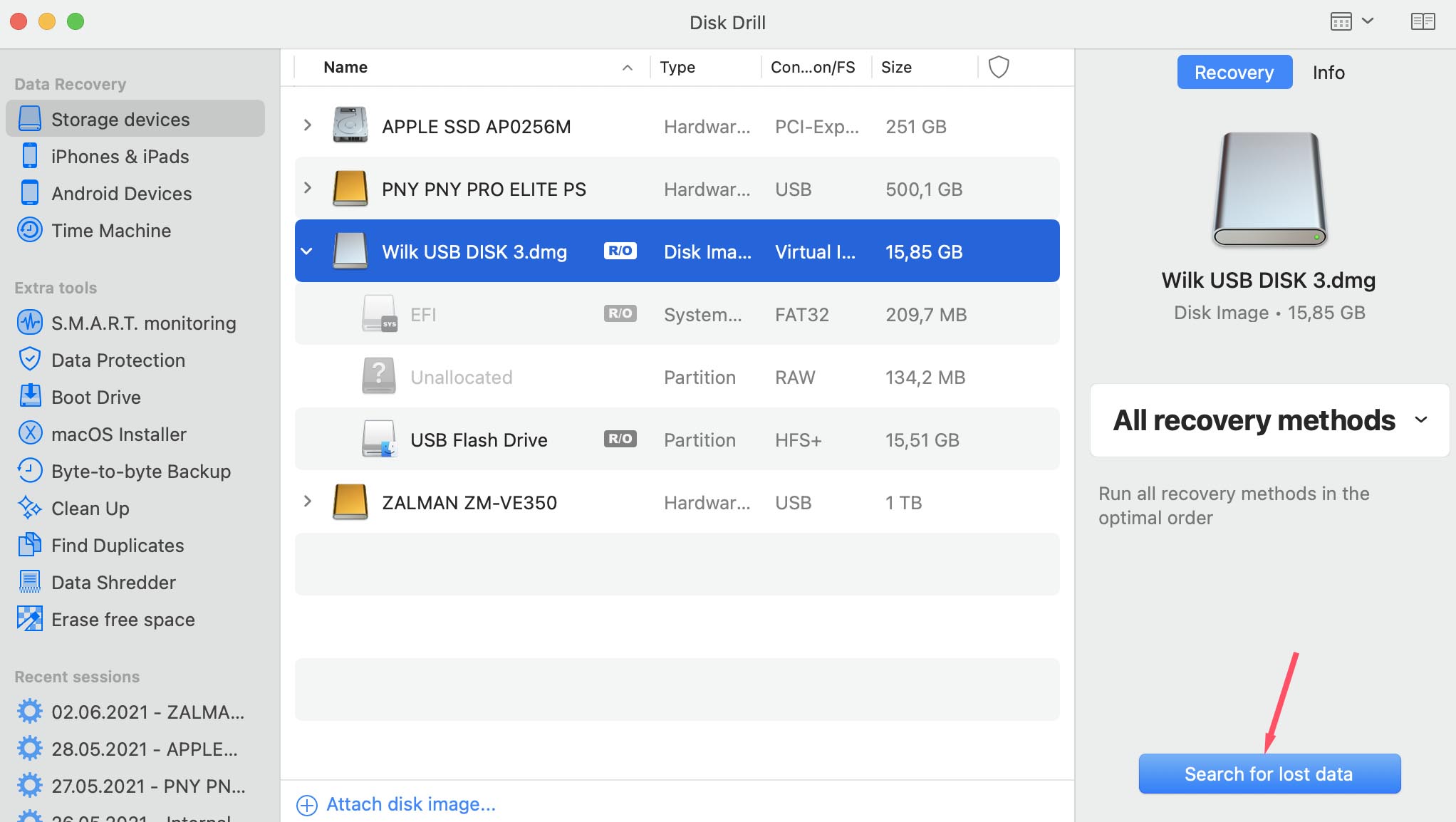 scan disk backup file for lost files in disk drill