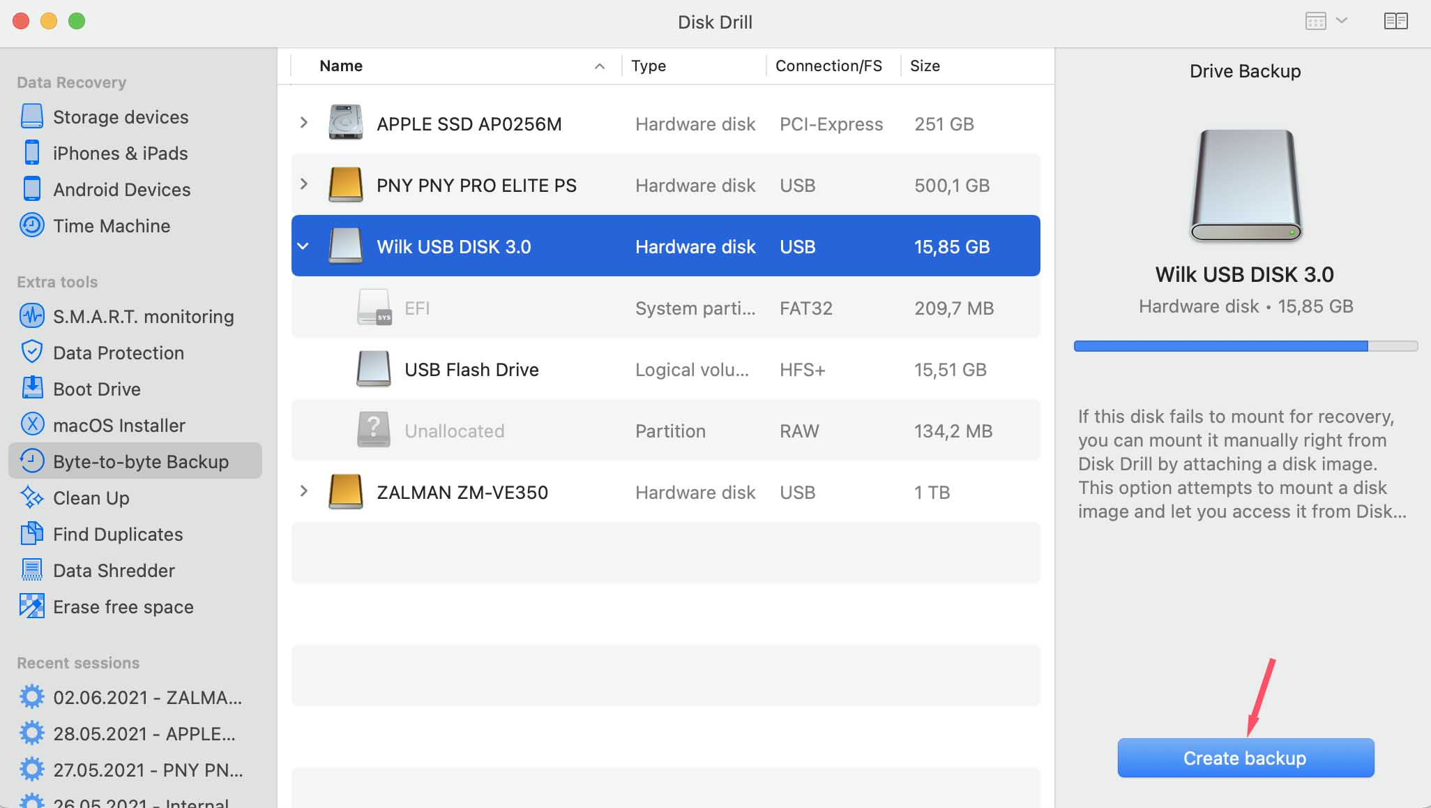 select drive to backup in disk drill macos