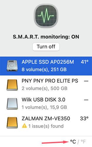 setting up temperature units to display for smart disk drill