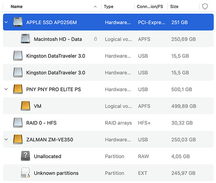 list of drives and devices to recover in disk drill