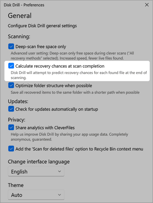 recovery chances option in disk drill for windows