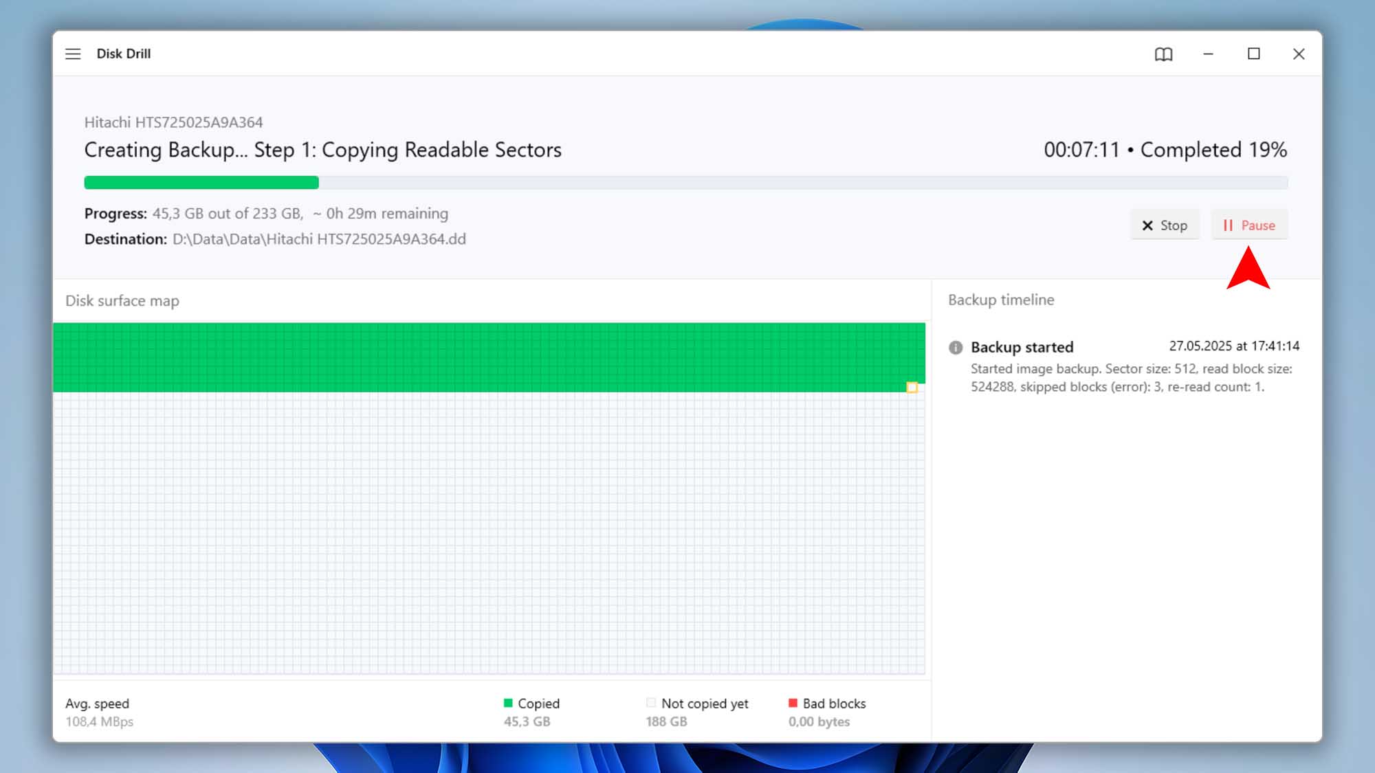 disk drill windows backup module stop and resume option