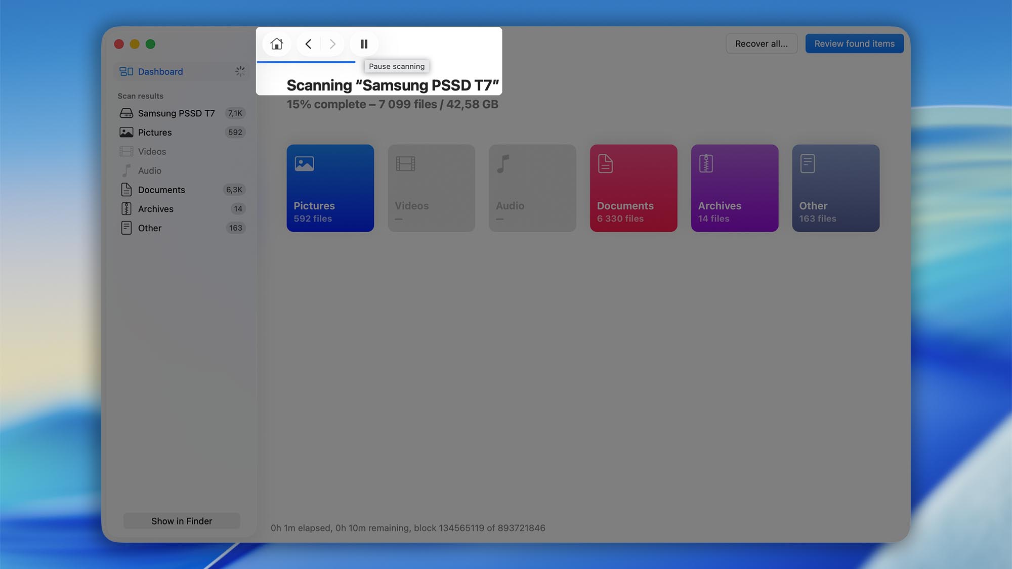 pause scan disk drill mac