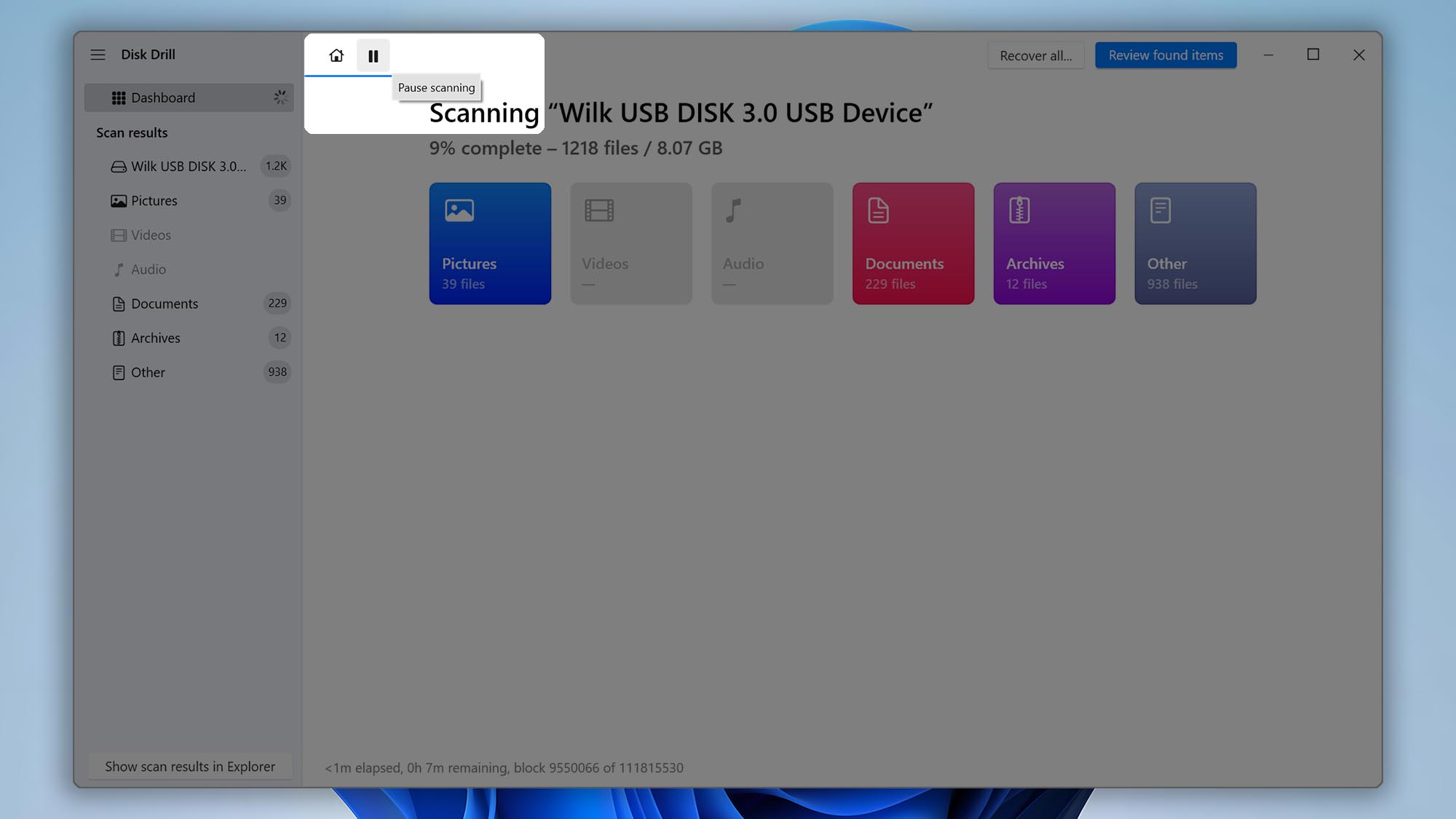 pause scan disk drill windows