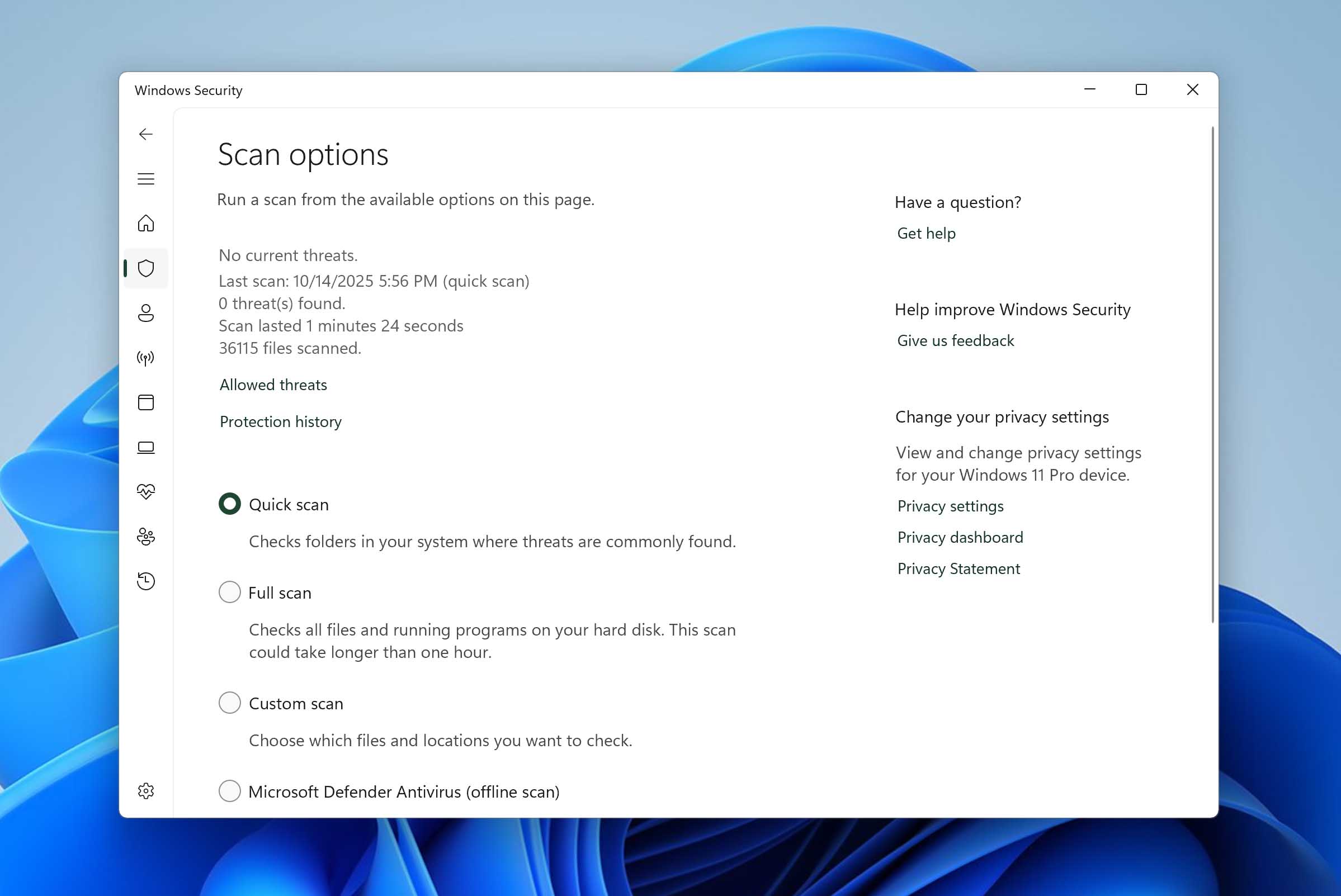Windows Defender quick scan