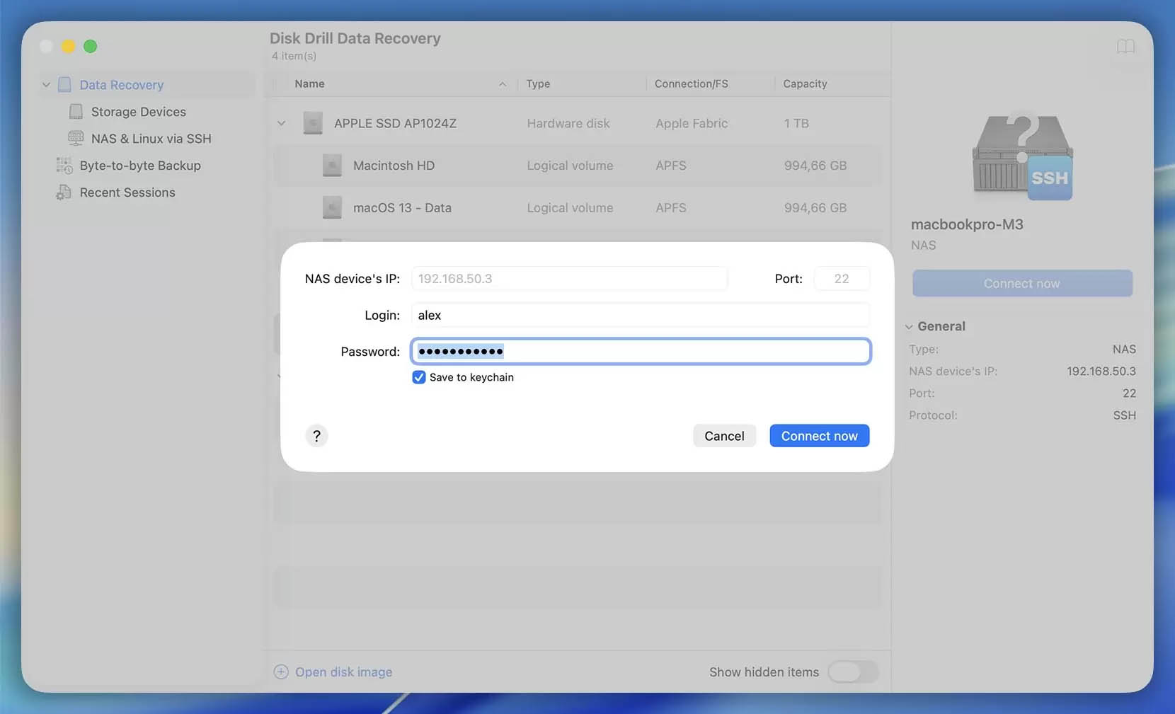 Disk Drill Data Recovery enter credentials