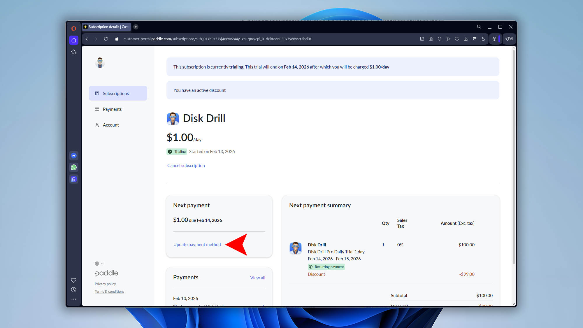 paddle subscriptions section