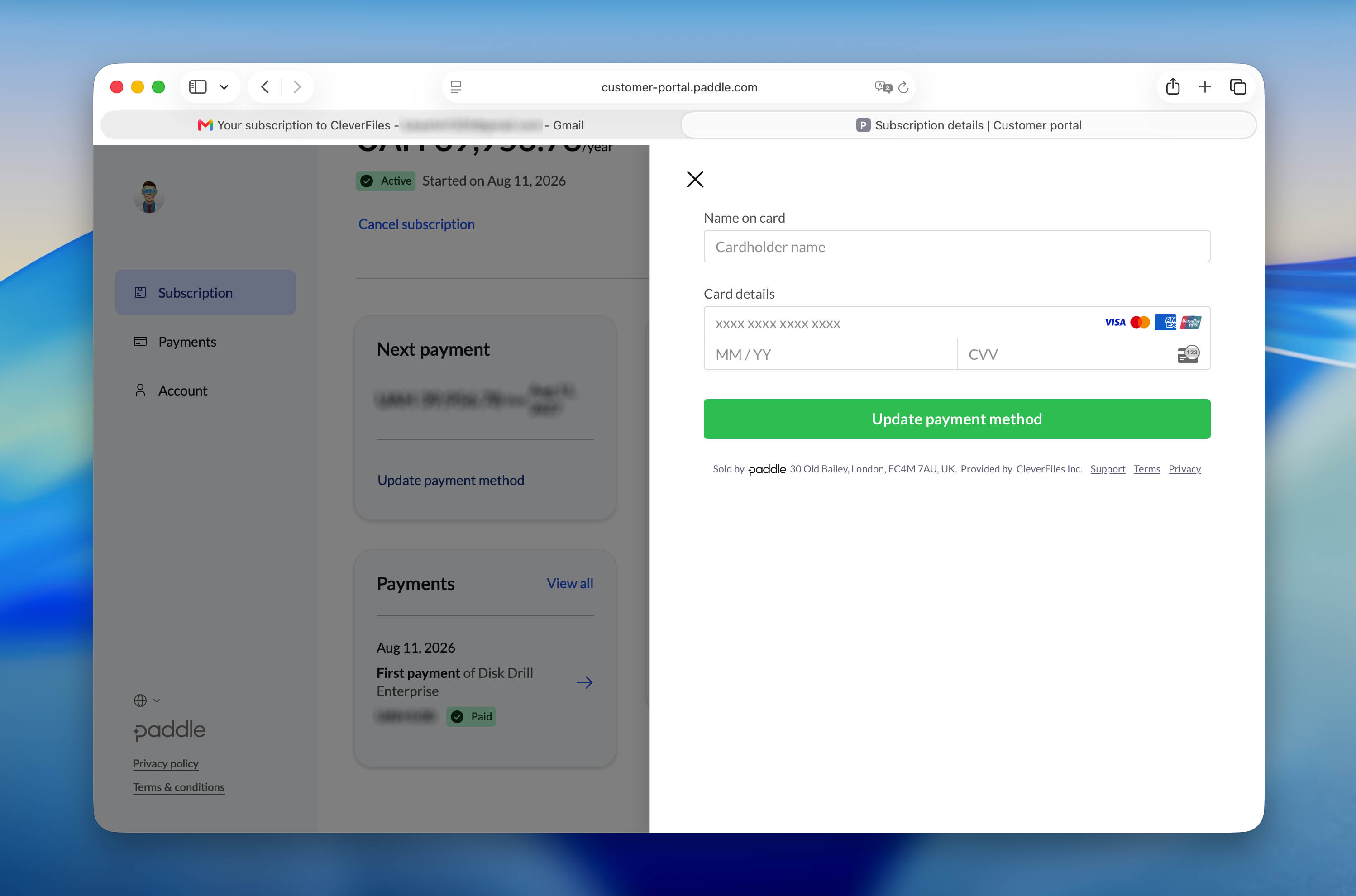 type updated payment credentials