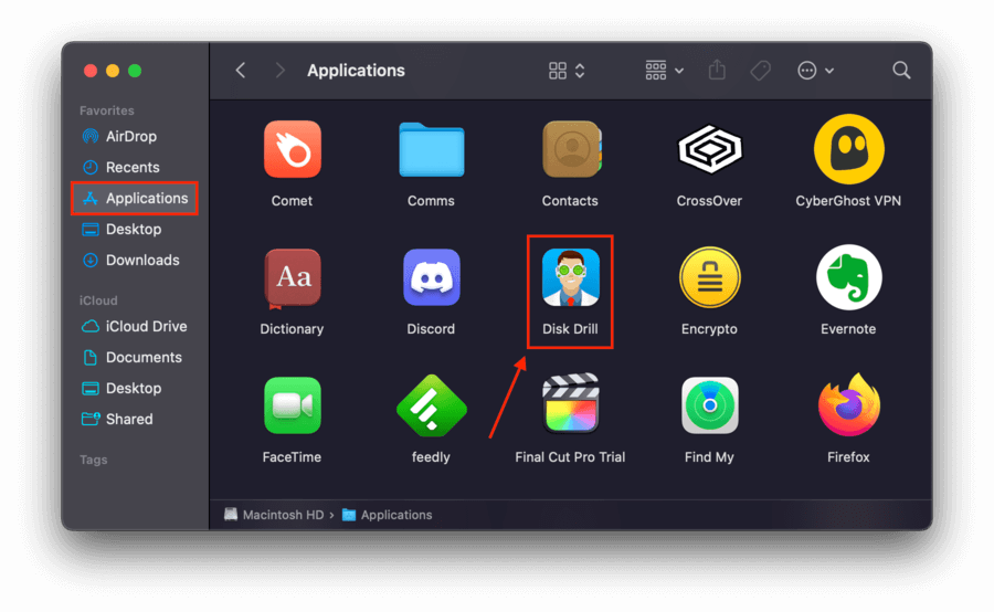 Disk Drill icon in Finder Applications folder