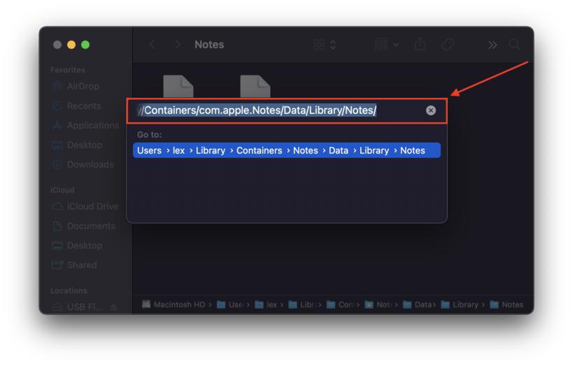 Notes backup folder path in the Finder Go function