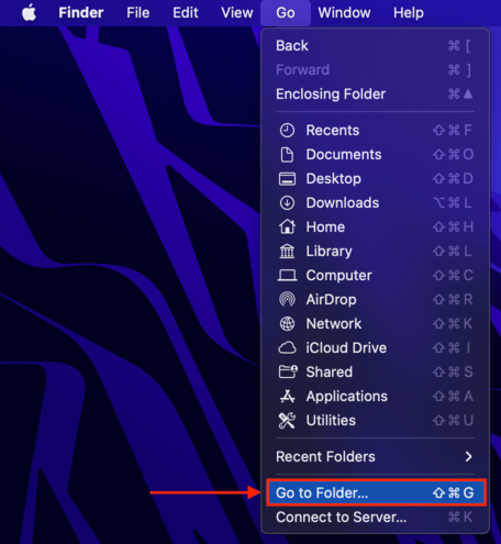 Finder Go to Folder function in the Apple menu bar