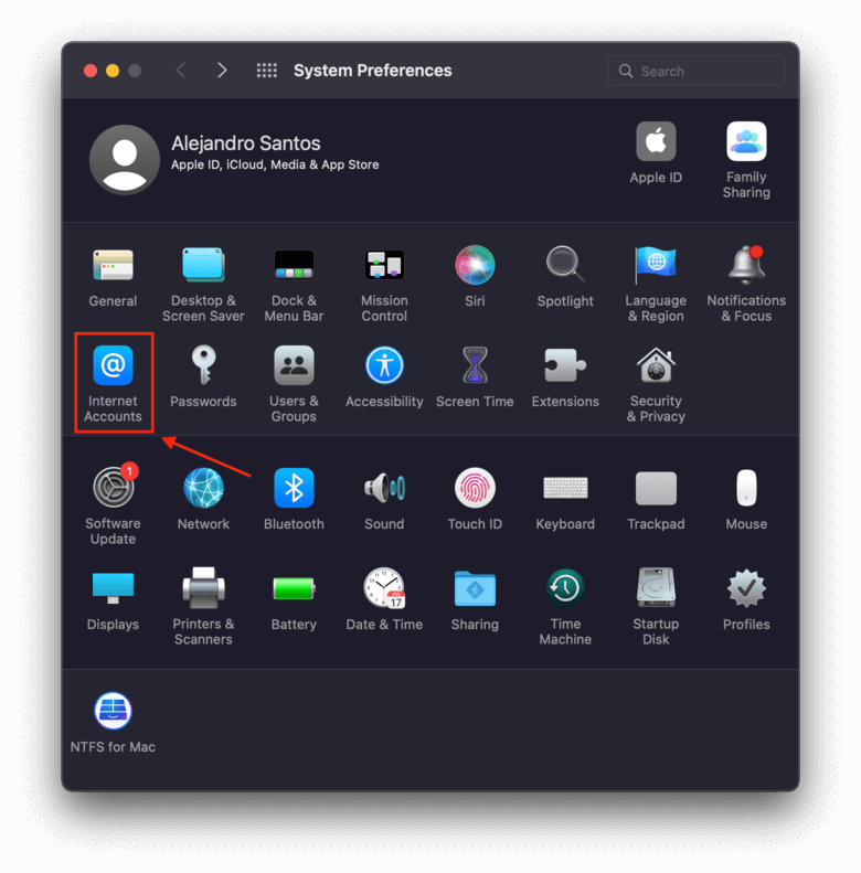 Internet Accounts app in System Preferences window