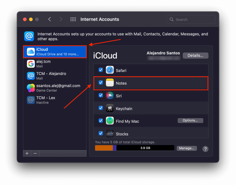 iCloud settings in Internet Accounts window