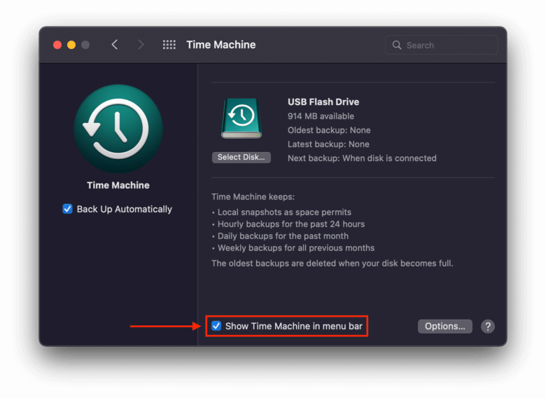 Setting to enable Time Machine in the Apple Menu Bar