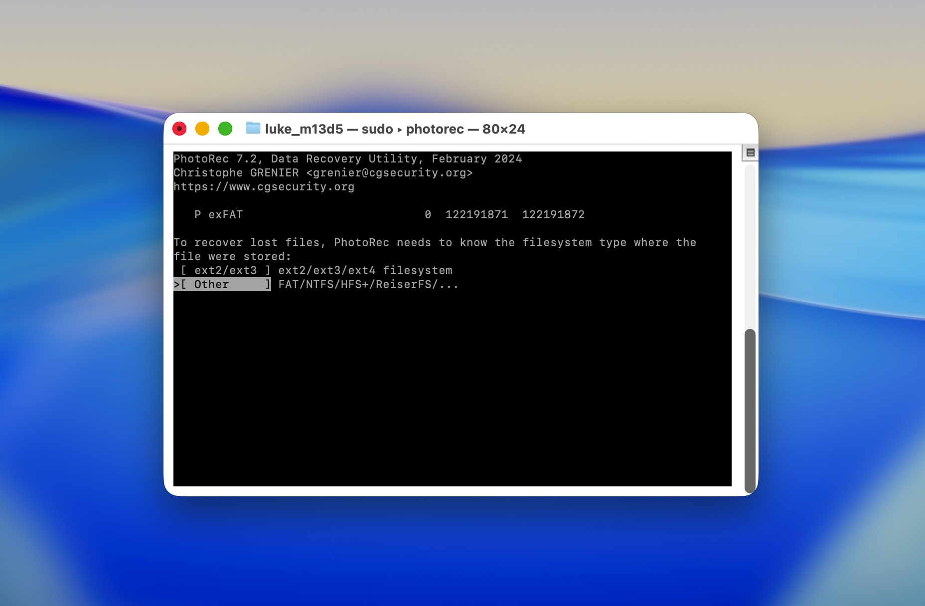 Mac Terminal PhotoRec Dateisystem wählen