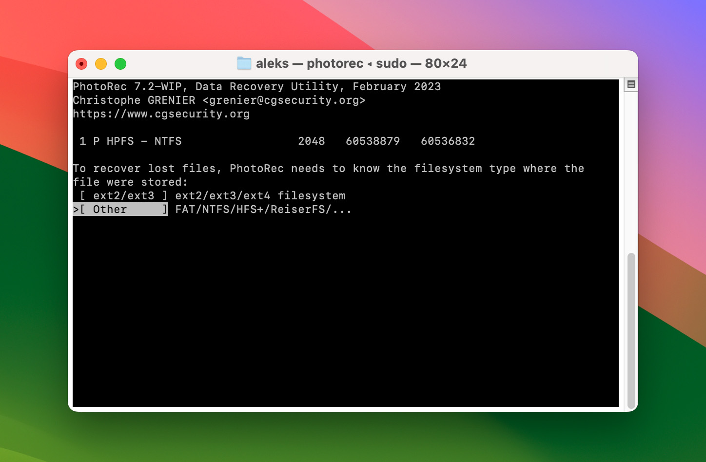 Mac Terminal PhotoRec Choose File System