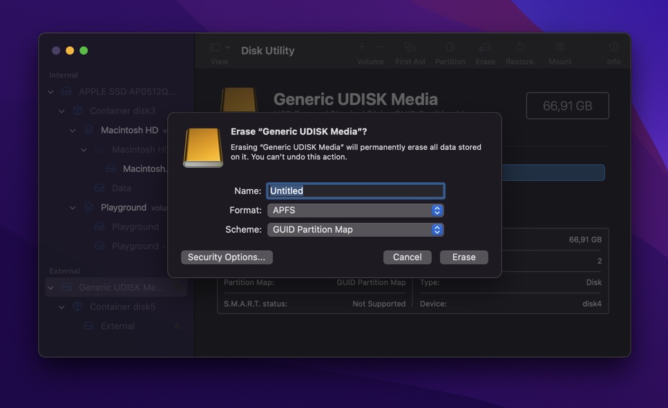 disk utility erase confirm