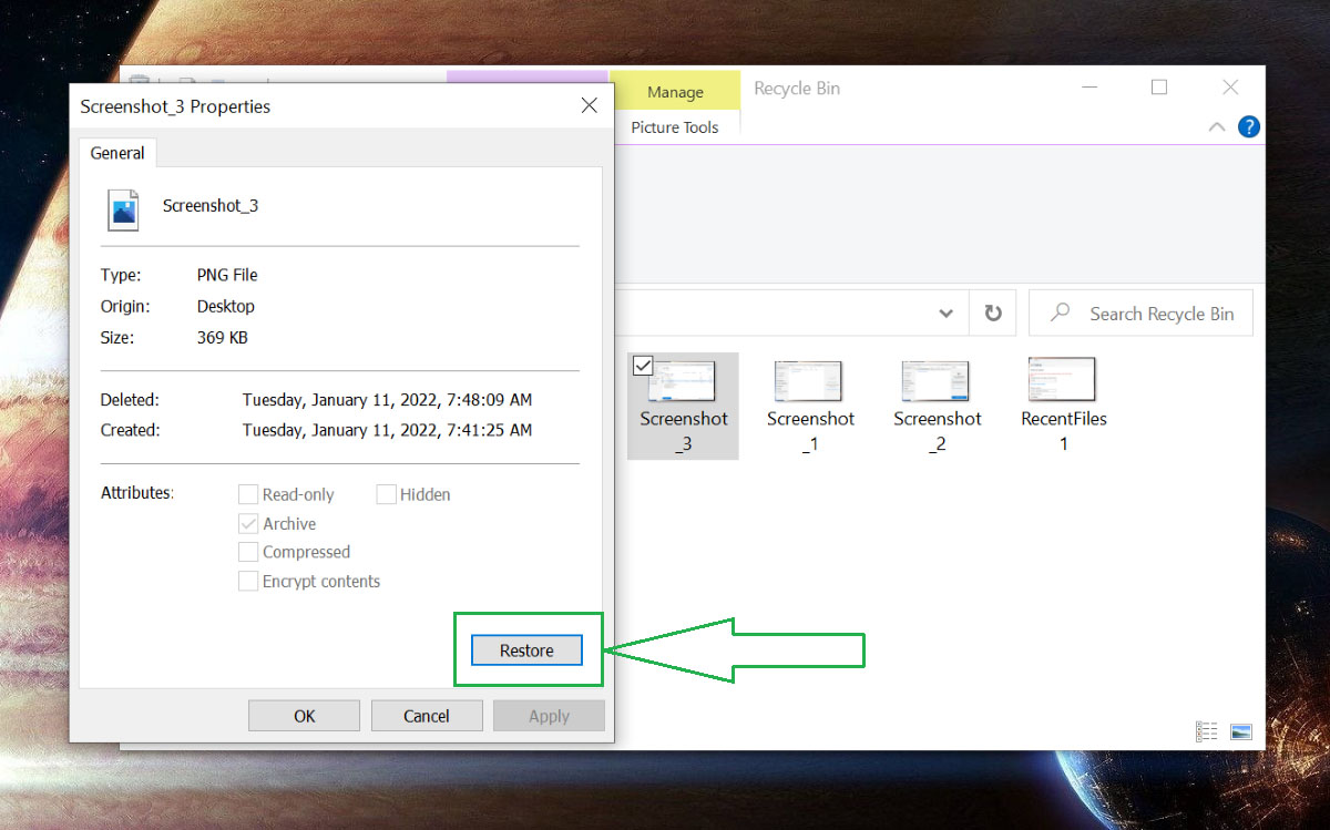 Restore files from Windows recycle bin with double-click method.