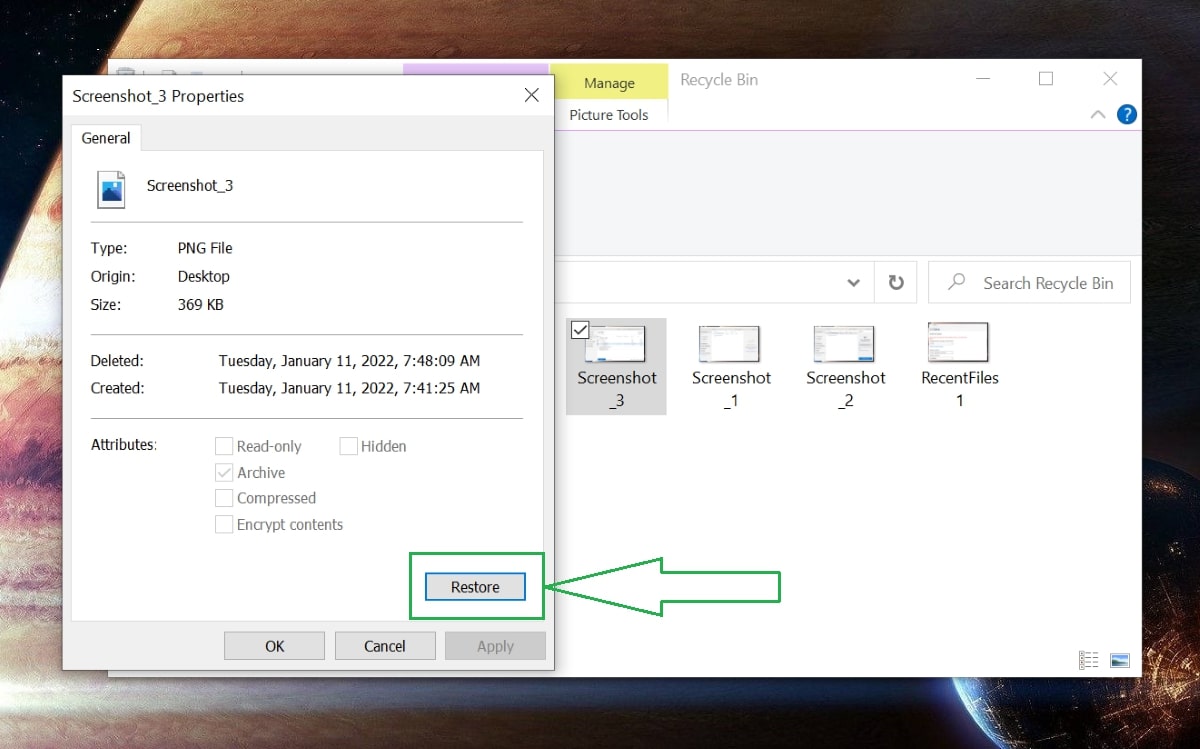 Restore files from Windows recycle bin.