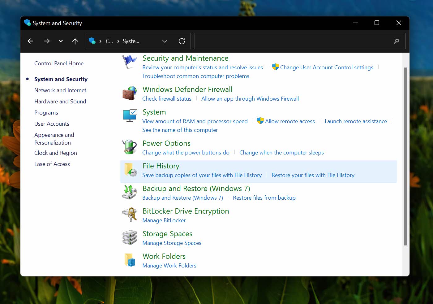 file history windows 11 select