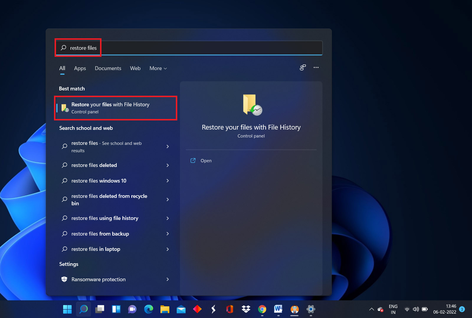 File history on the Windows search men