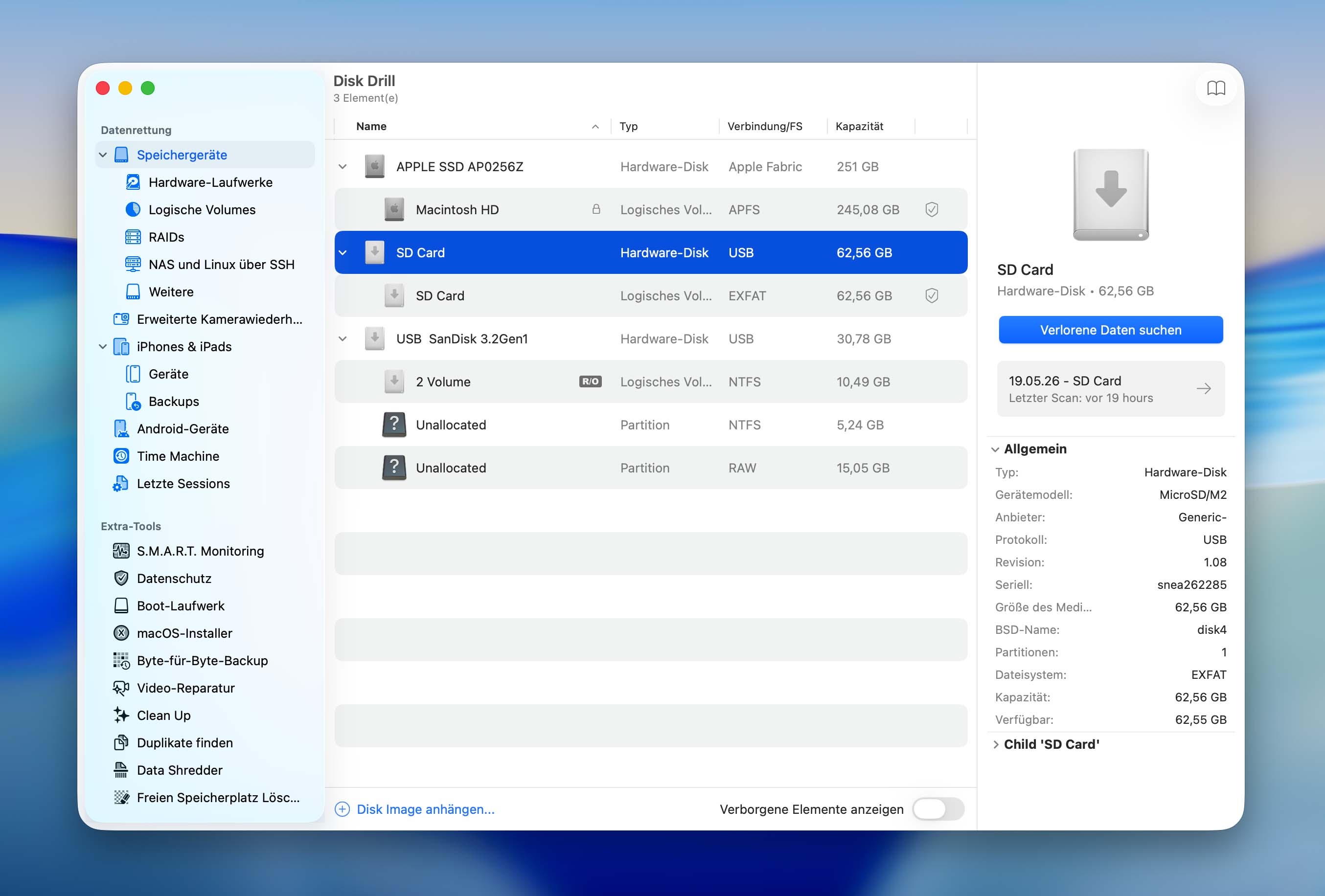 Disk Drill für Mac stellt Dateien von formatierter SD-Karte wieder her