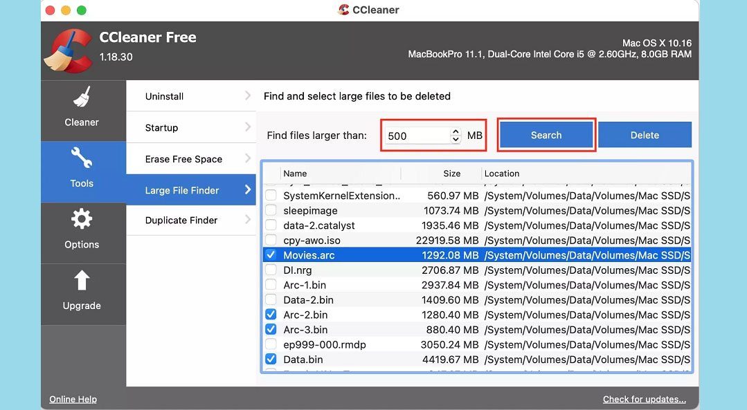 large file finder feature on ccleaner
