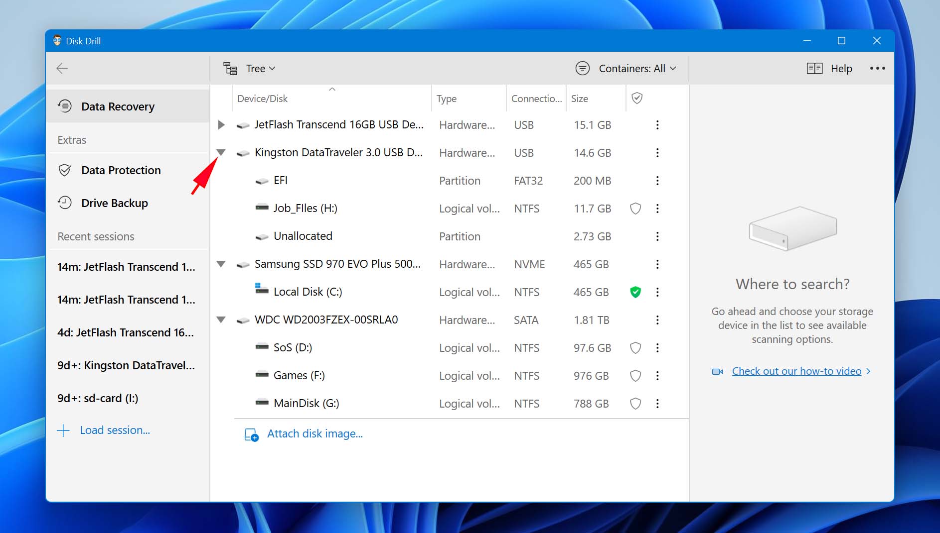 Check partitions of drive to data recovery,