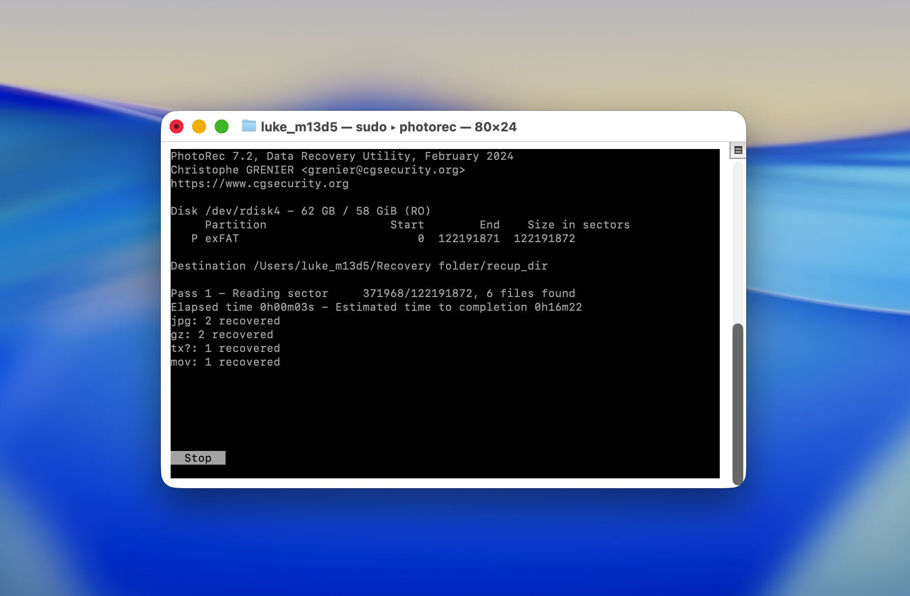 Mac Terminal PhotoRec gefundene Dateien