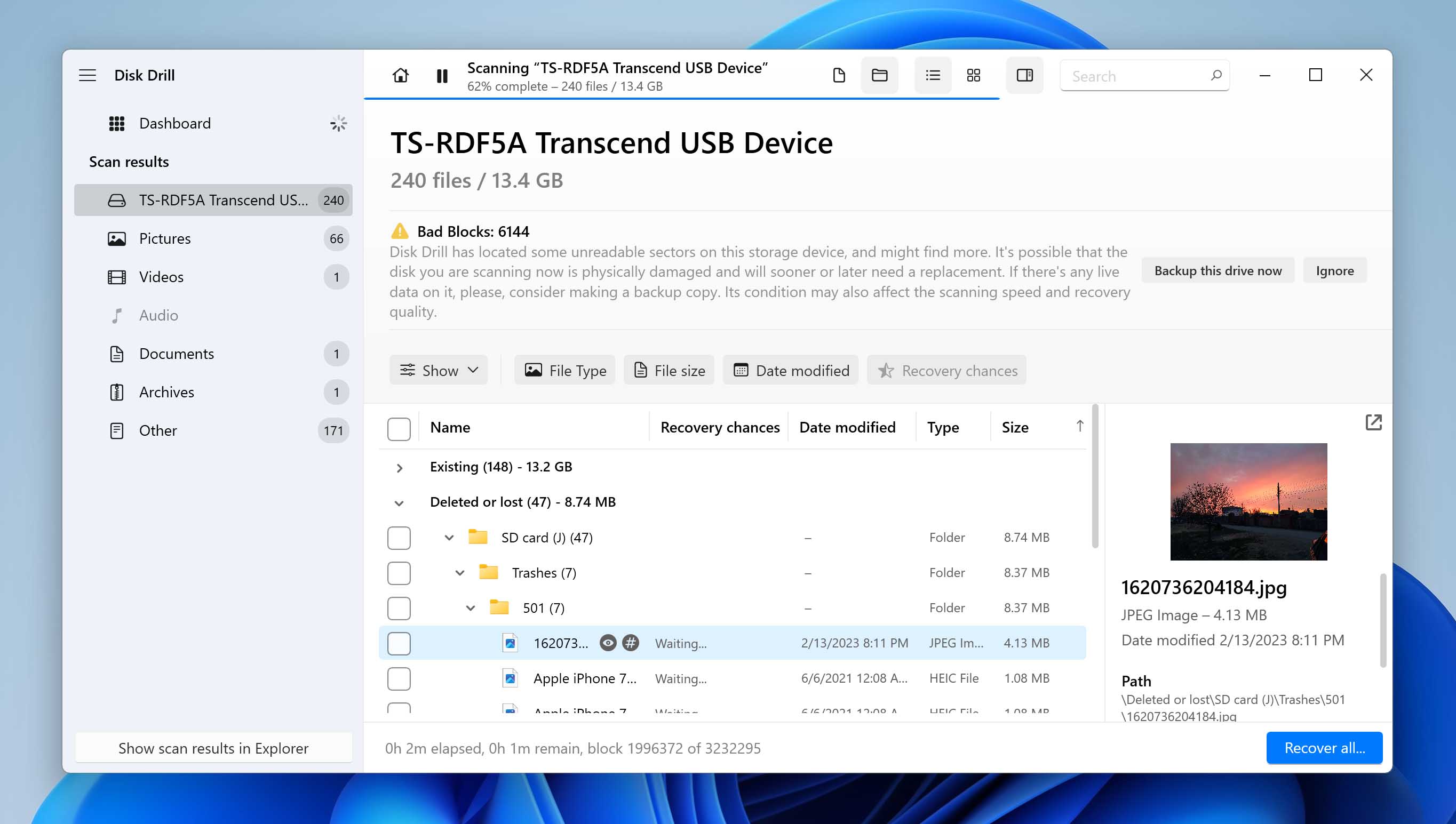 Disk Drill for Windows recovering files from a formatted memory card