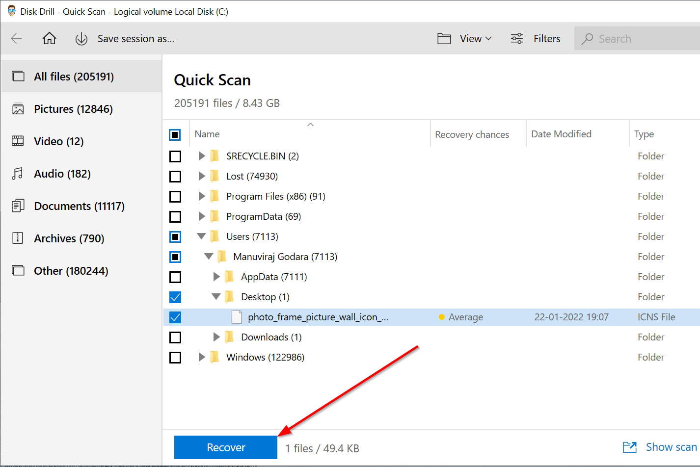 An ICNS file in the Disk Drill scan section.